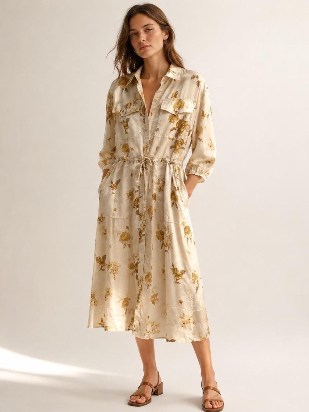 Woolrich x Target Cream Midi Shirt Dress with Yellow Floral Print